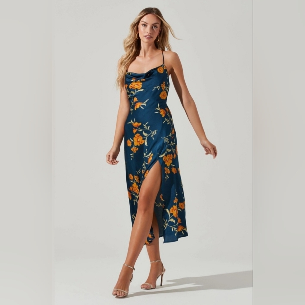 Astr the Label Gaia Orange and Teal Floral Midi Dress Size Small